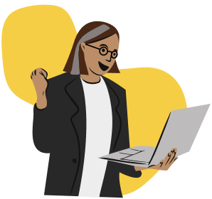 Die Grafik zeigt eine illustrierte Person, die mit einem Arm jubelt und in dem anderen Arm eine Laptop hält.