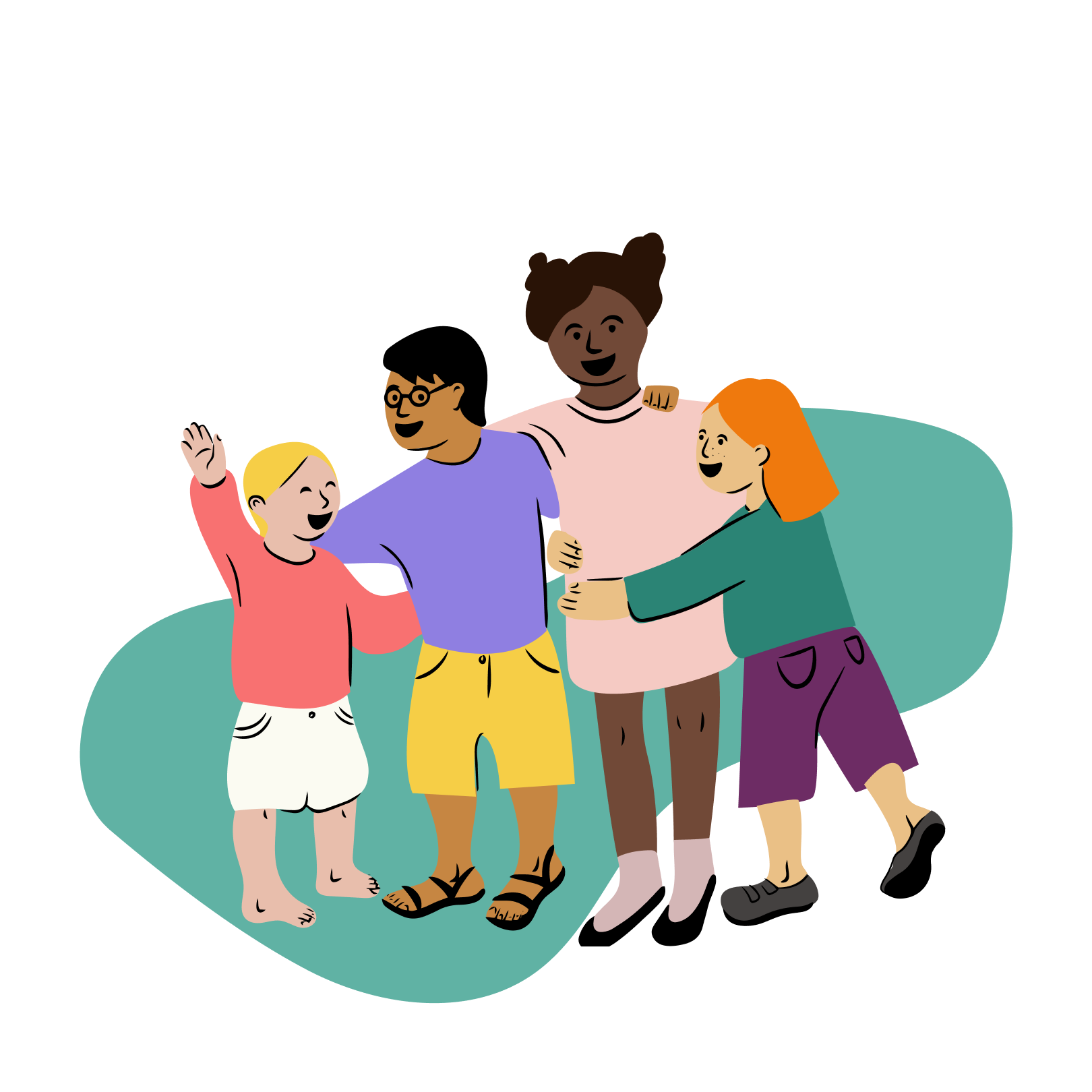 Das Bild zeigt eine Gruppe von vier Kindern verschiedener ethnischer Zugehörigkeiten, die eng beieinander stehen und lächeln oder lachen. Sie scheinen in einer freundschaftlichen oder liebevollen Pose zu sein, wobei einige ihre Arme umeinander gelegt haben. Die Kleidung der Kinder ist farbenfroh und unterschiedlich, was die Vielfalt innerhalb der Gruppe hervorhebt. Der Hintergrund ist einfach gehalten, mit einer türkisfarbenen Form hinter ihnen, was den Fokus auf die Kinder lenkt. Das gesamte Bild vermittelt ein Gefühl von Freude, Zusammengehörigkeit und Freundschaft.