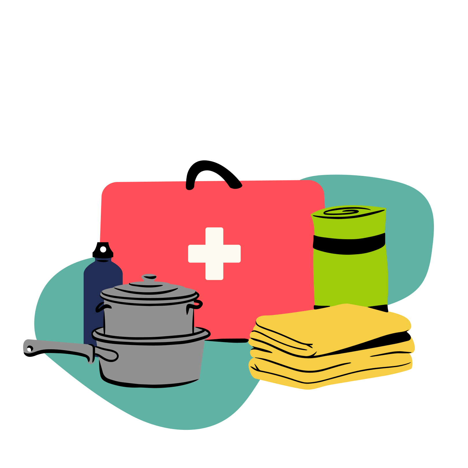 Das Bild zeigt eine Sammlung von Gegenständen. Zu sehen sind ein roter Erste-Hilfe-Kasten mit einem weißen Kreuz darauf, ein Stapel gelber Handtücher, eine zusammengerollte grüne Matte, zwei graue Töpfe (wahrscheinlich zum Kochen) und eine blaue Wasserflasche. Die Gegenstände sind auf einem hellblauen Hintergrund platziert, was das Bild noch verstärkt.